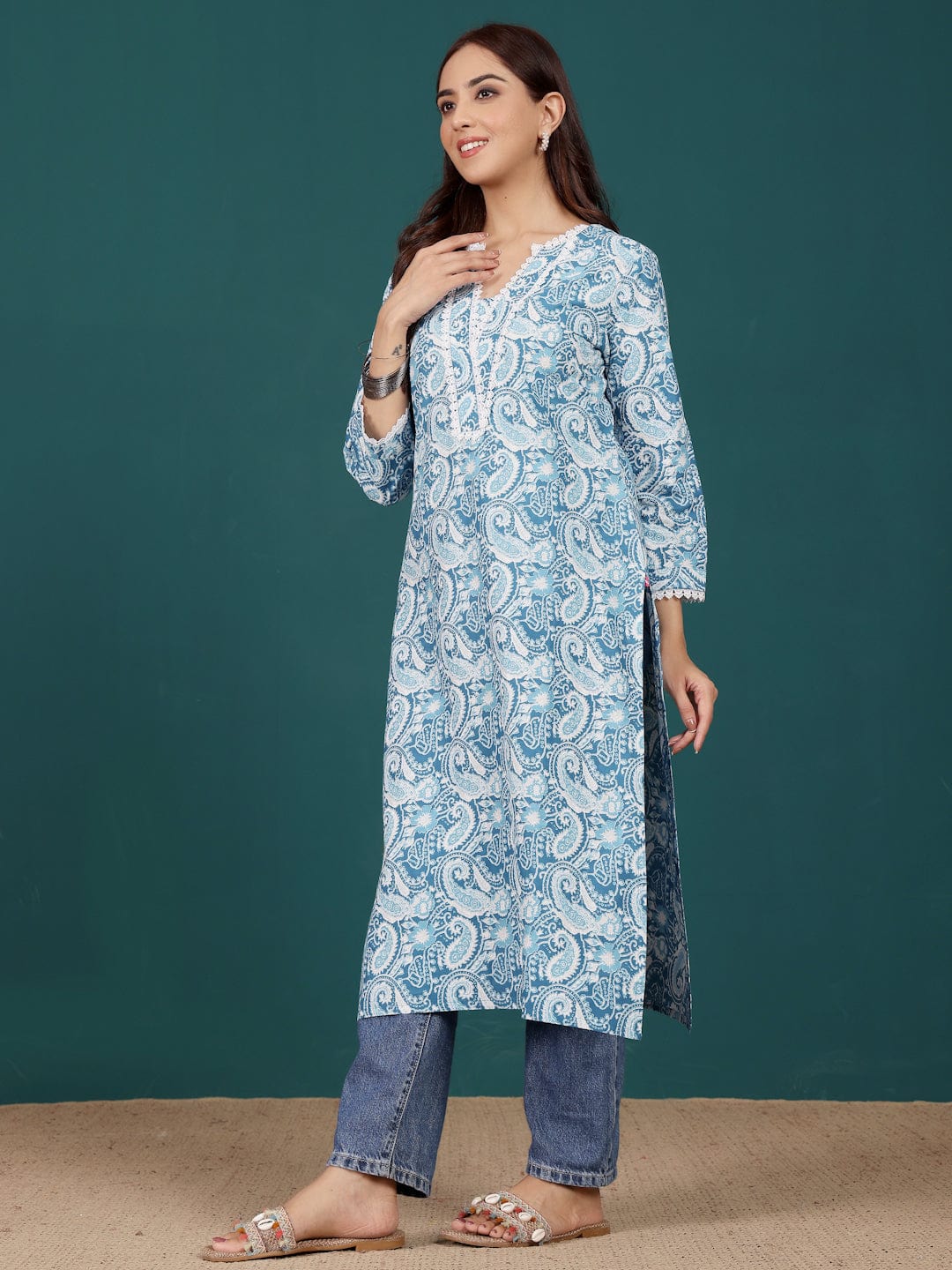 The Kurti Collection Women Paisely Printed V Neck Lace Detailed Kurta