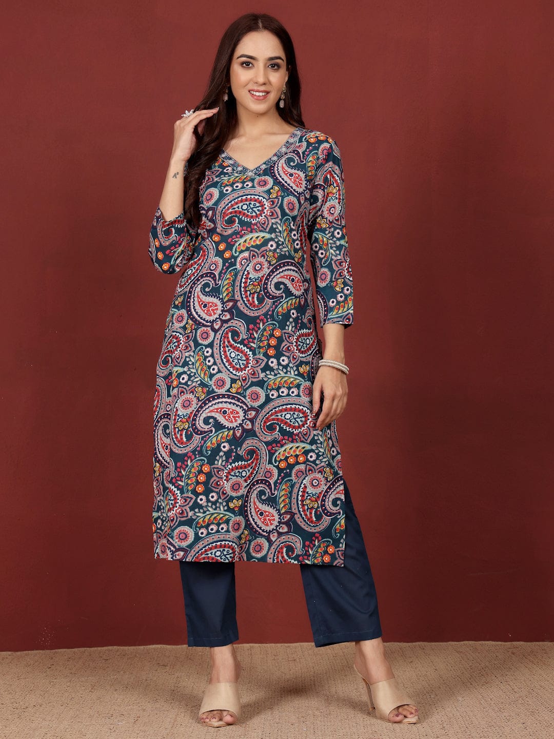 The Kurti Collection Women Paisely Printed Sequin Embroidered V Neck Kurta