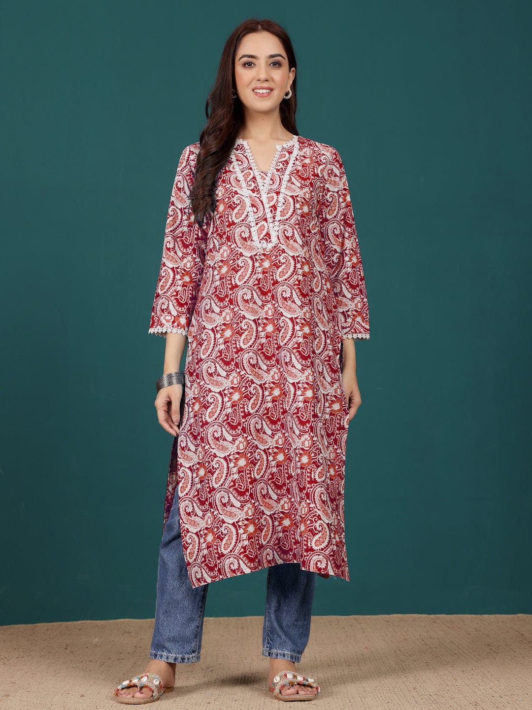 The Kurti Collection Women Paisely Printed V Neck Lace Detailed Kurta