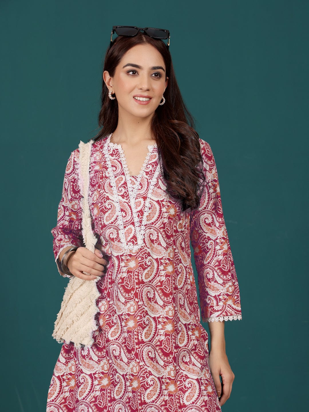 The Kurti Collection Women Paisely Printed V Neck Lace Detailed Kurta