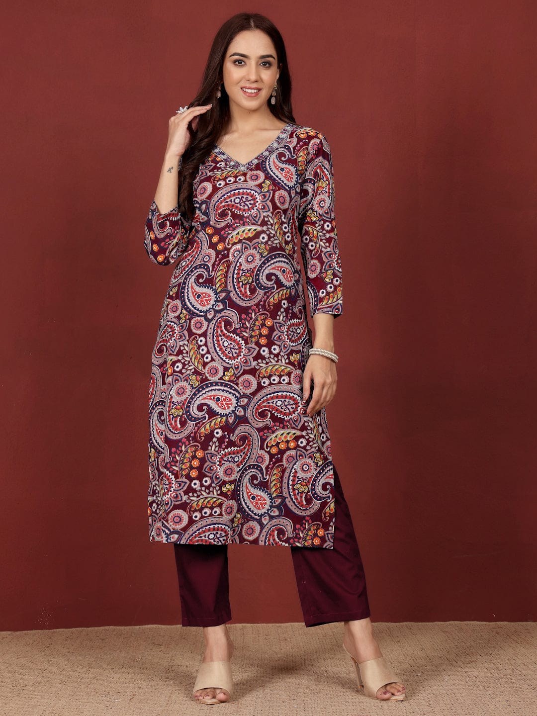 The Kurti Collection Women Paisely Printed Sequin Embroidered V Neck Kurta