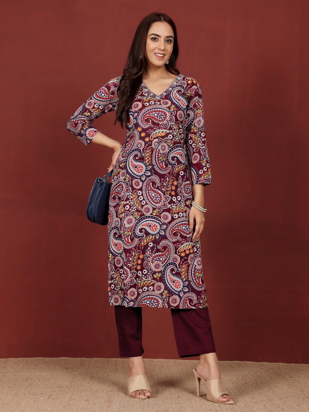 The Kurti Collection Women Paisely Printed Sequin Embroidered V Neck Kurta