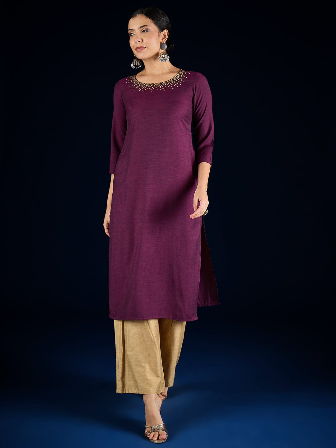 The Kurti Collection Purple Straight-Fit Kurta With Sequence Detailing