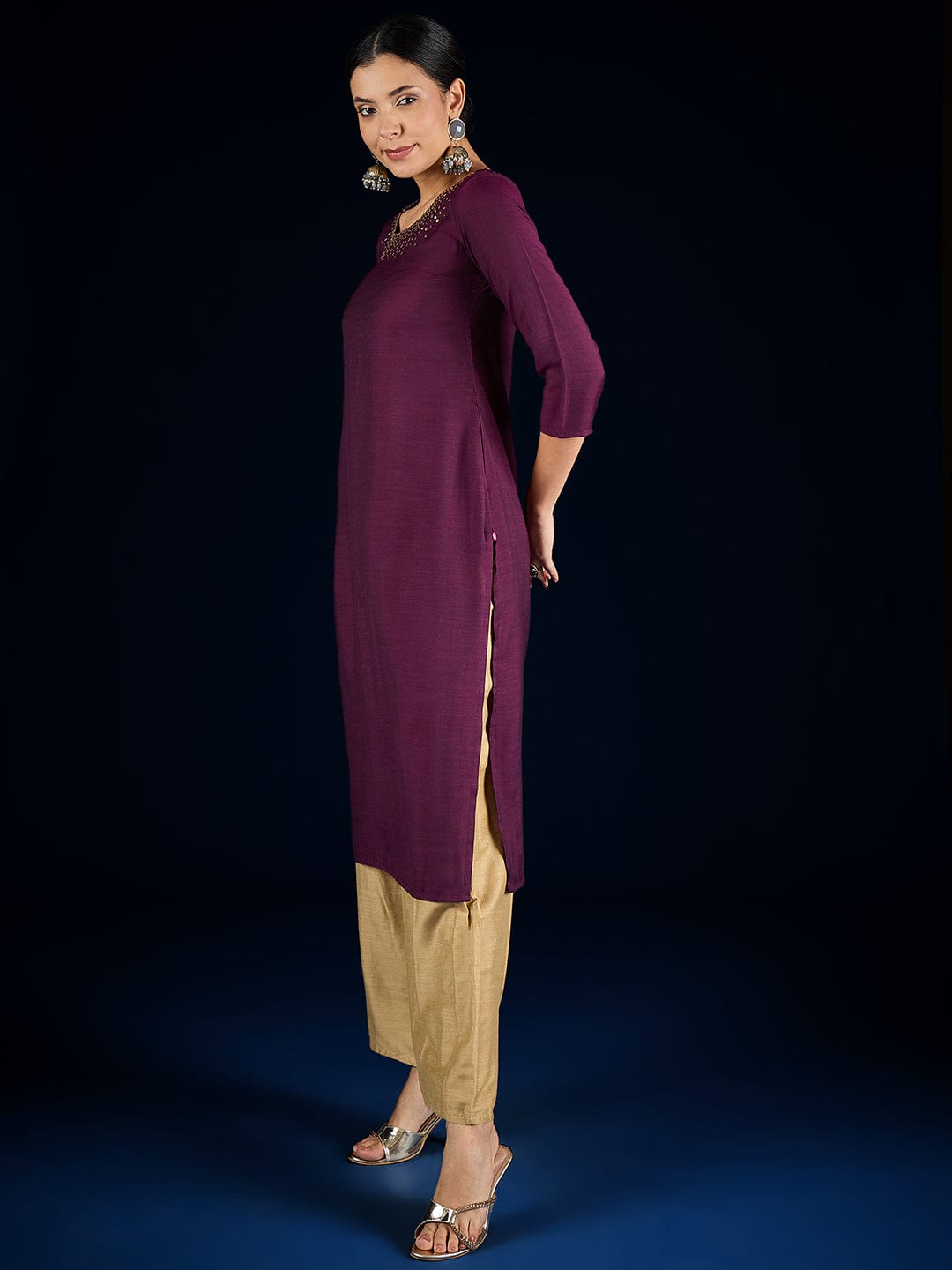 The Kurti Collection Purple Straight-Fit Kurta With Sequence Detailing