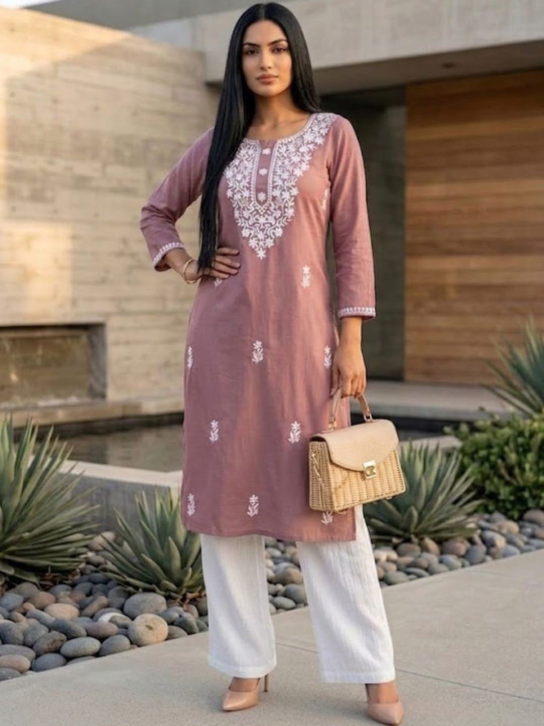 The Kurti Collection The Lucknowi Muse Tunic in Dusty Rose Kurta