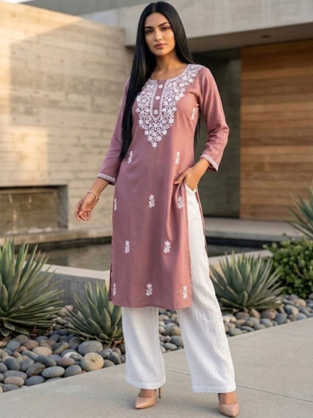 The Kurti Collection The Lucknowi Muse Tunic in Dusty Rose Kurta
