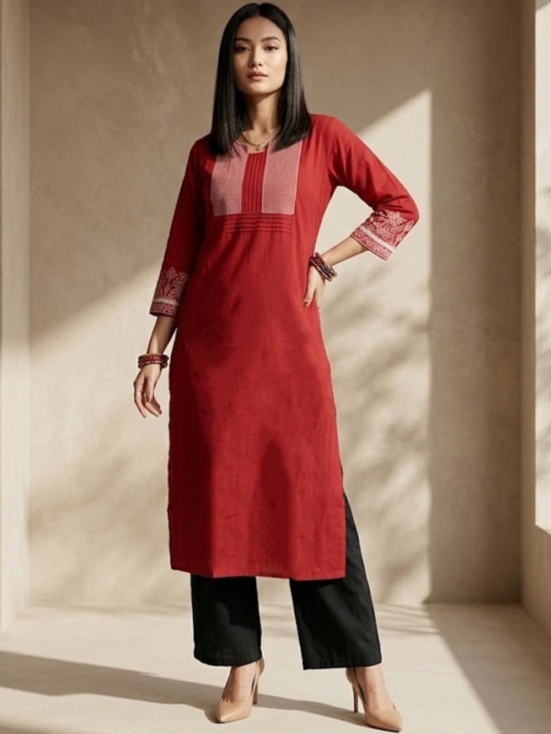 The Kurti Collection The Urban Ethnic: Geometric Embroidered Crimson Kurta