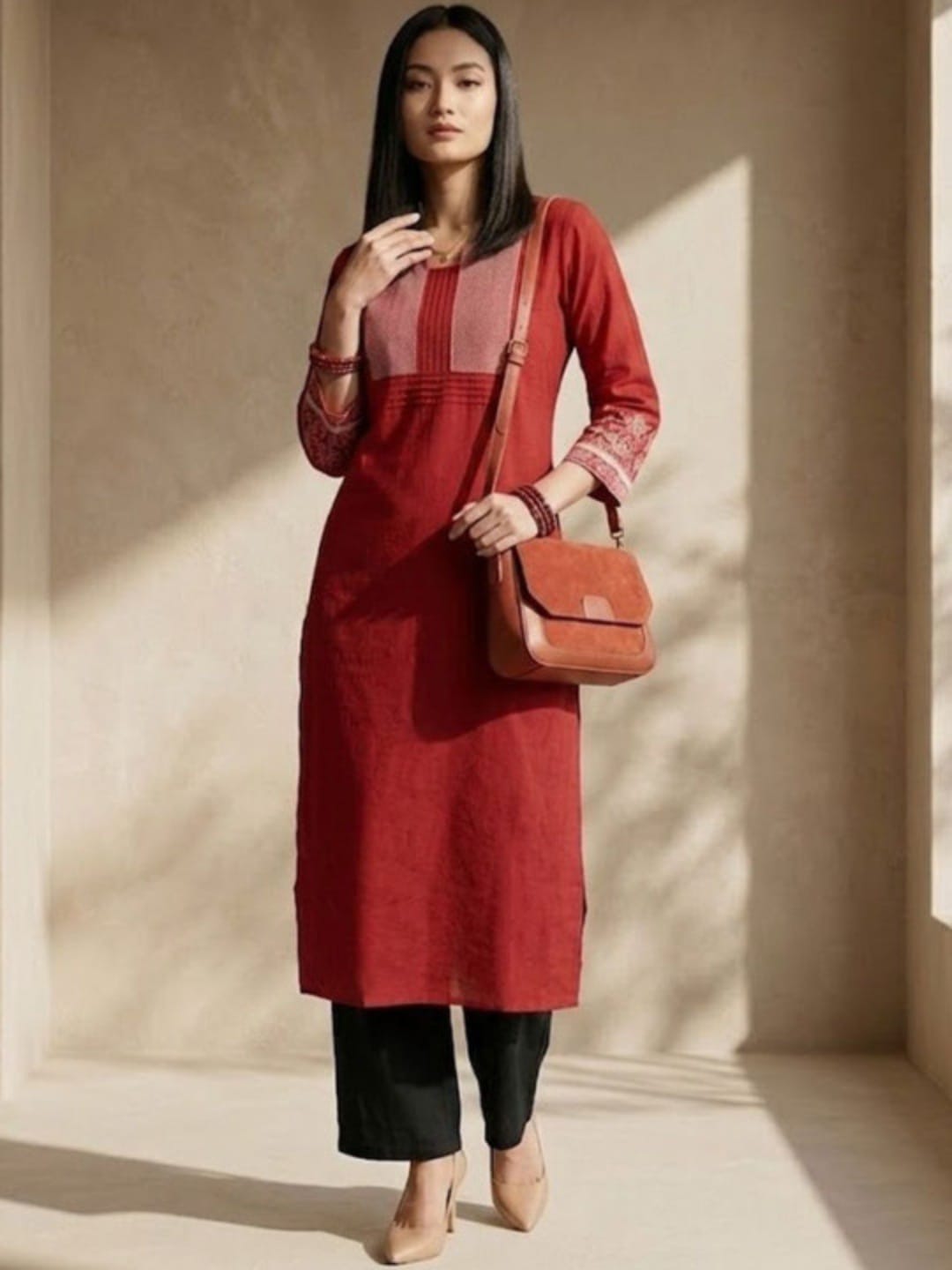 The Kurti Collection The Urban Ethnic: Geometric Embroidered Crimson Kurta