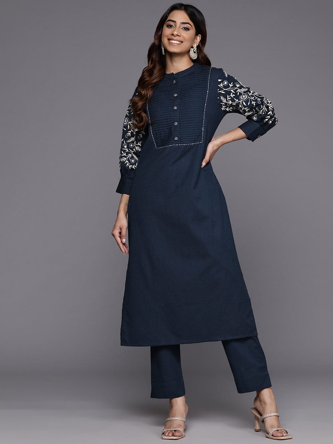 The Kurti Collection Women Blue Embroidered Kurta With Bottom