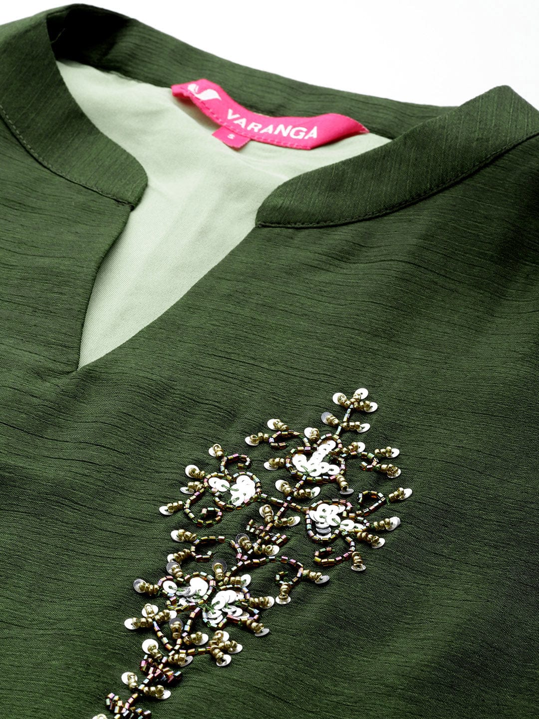 The Kurti Collection Women Mandarin Collar Placement Embroidered Kurta Paired With Tonal Bottom