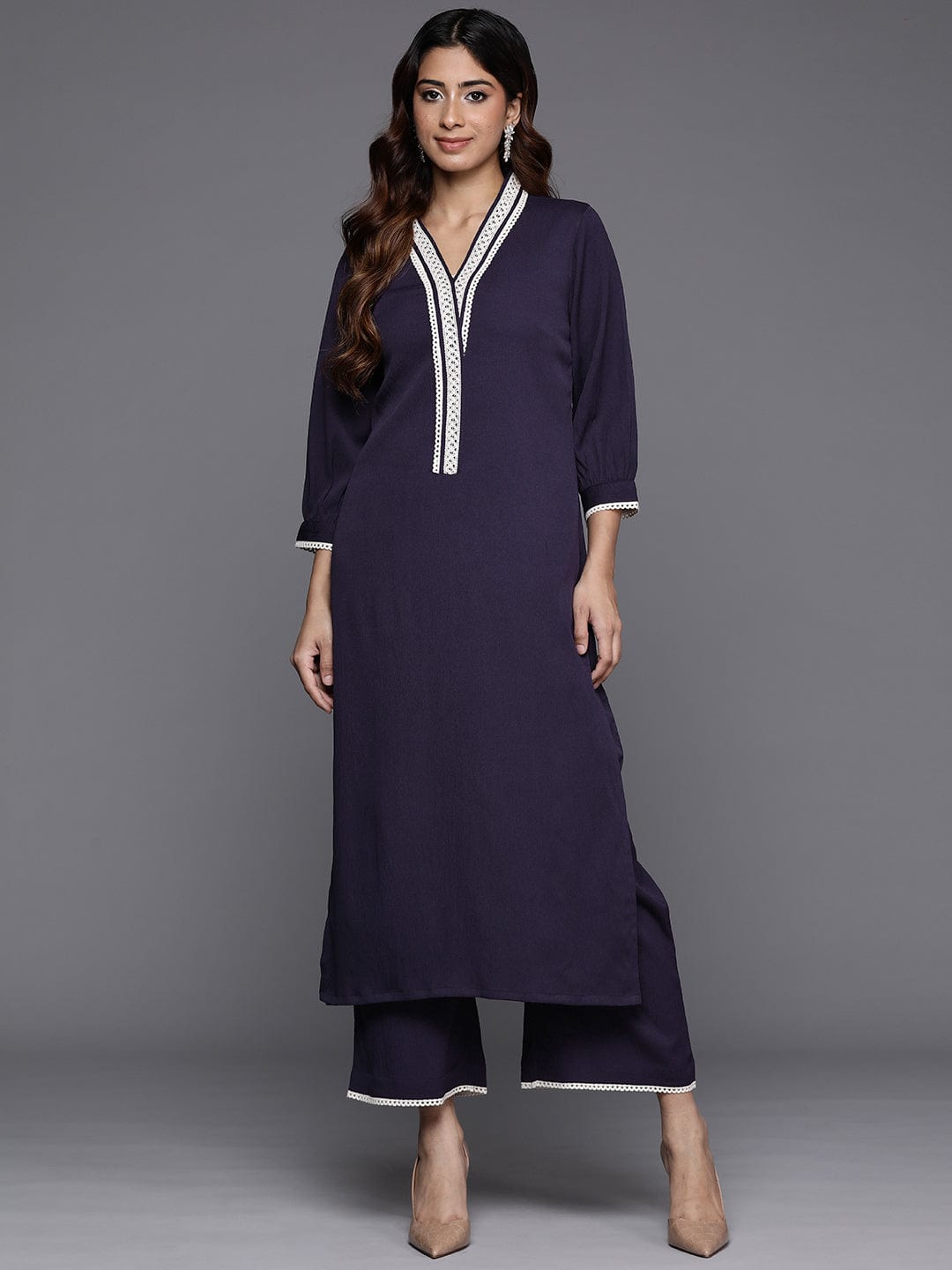The Kurti Collection Women Navy Blue Lace Detailed Kurta Set
