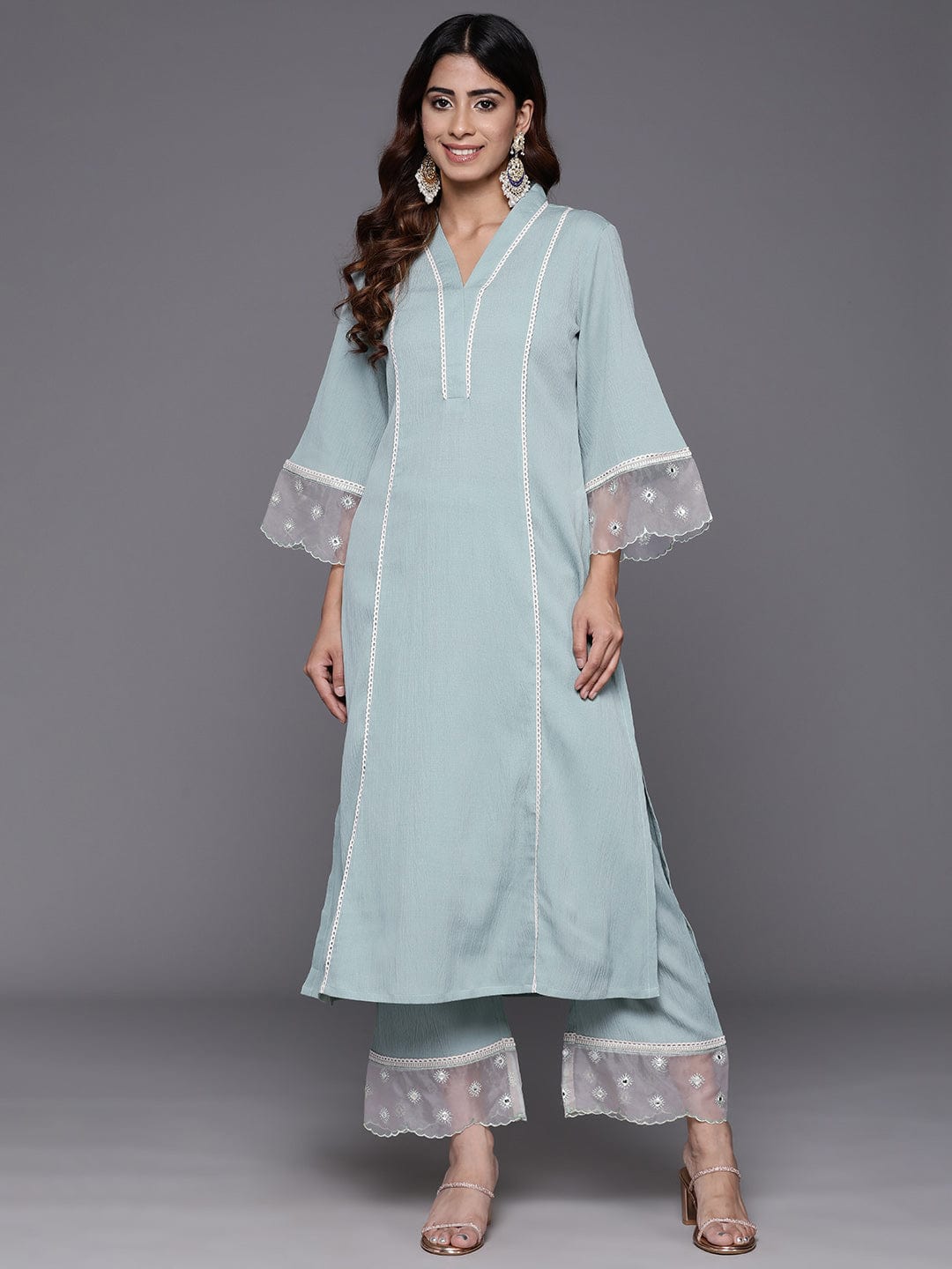 The Kurti Collection Women Sea Green Organza And Lace Detailed Kurta Set