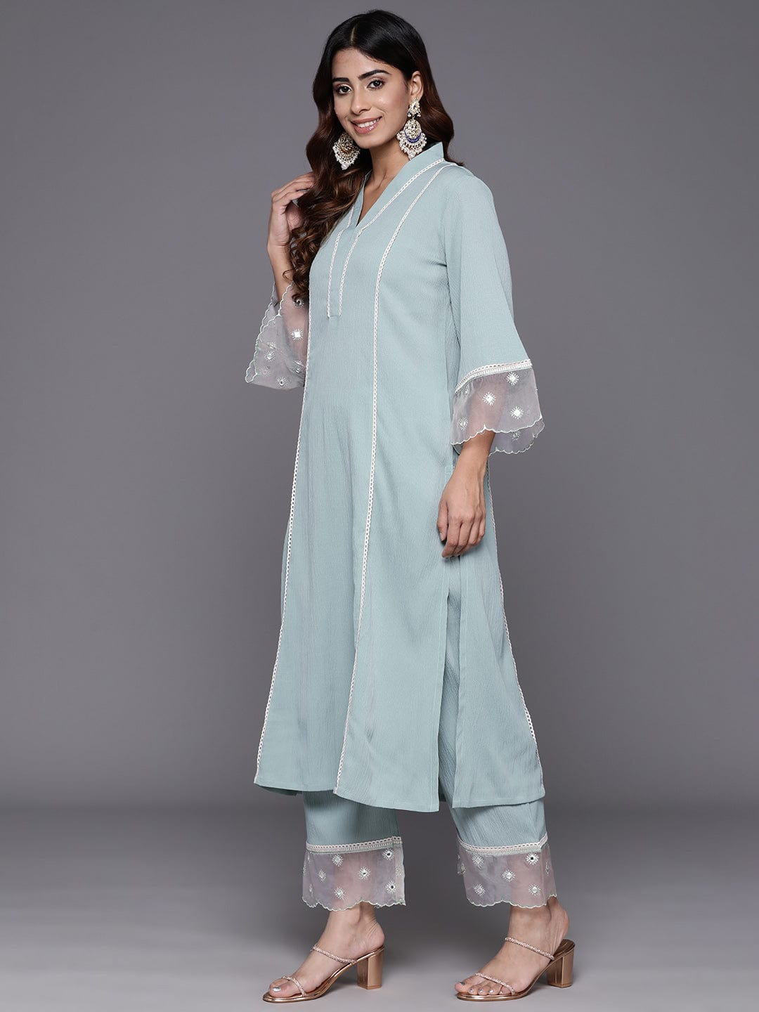 The Kurti Collection Women Sea Green Organza And Lace Detailed Kurta Set