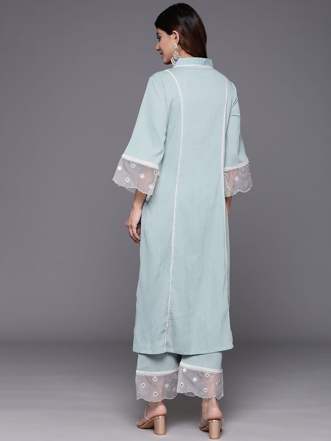 The Kurti Collection Women Sea Green Organza And Lace Detailed Kurta Set