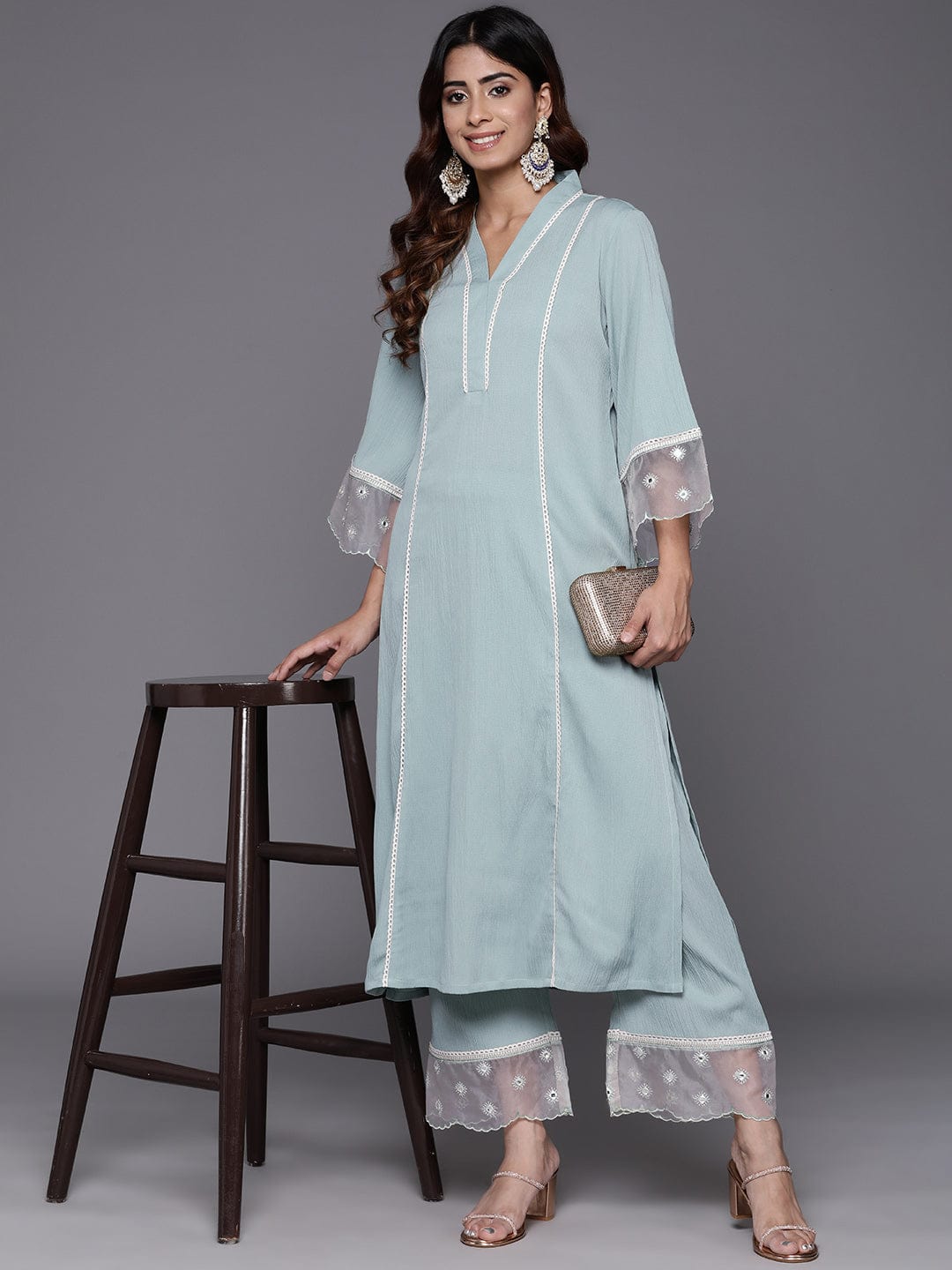 The Kurti Collection Women Sea Green Organza And Lace Detailed Kurta Set