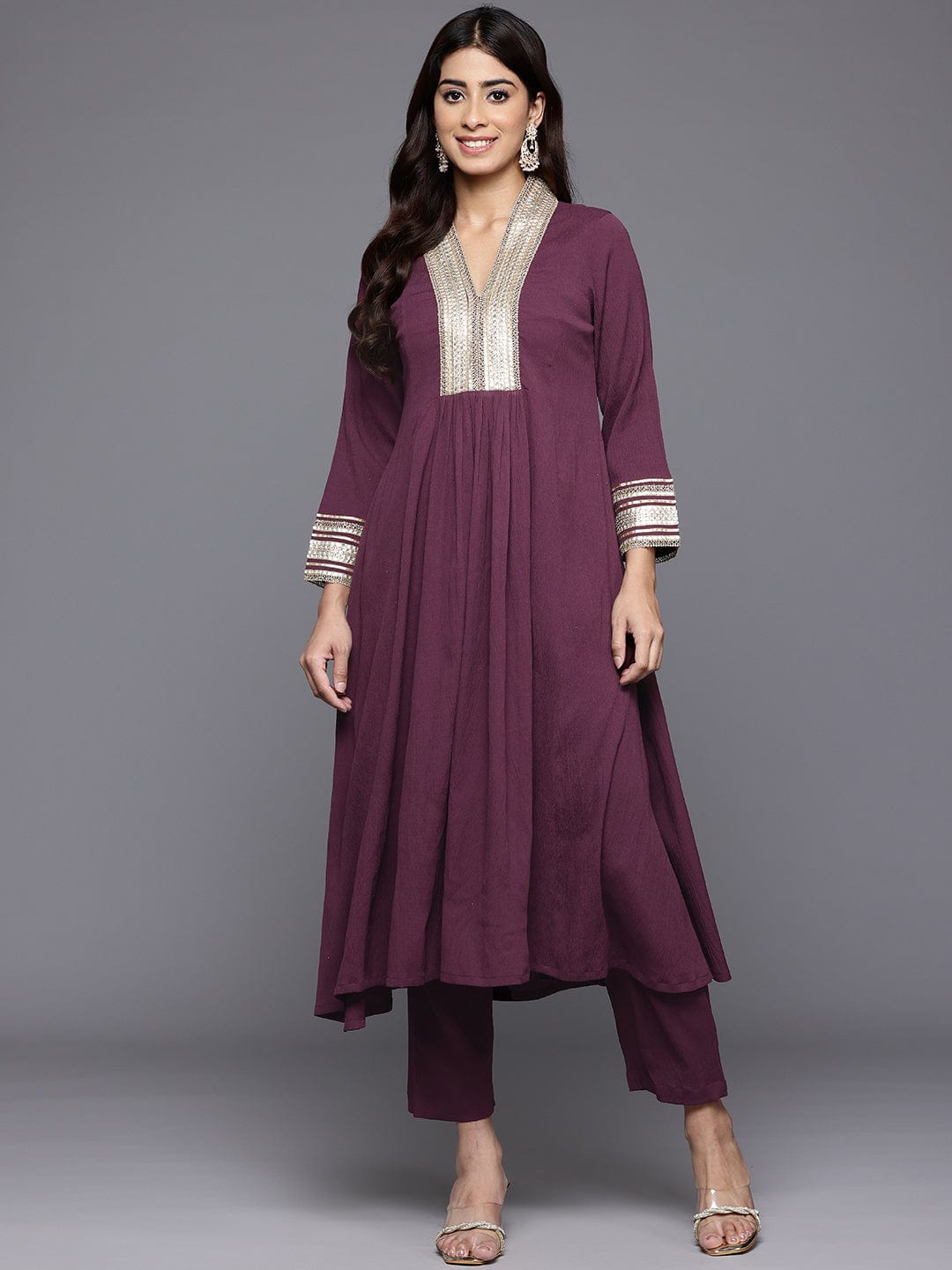 The Kurti Collection Women Purple Zari Lace Embellished Yoke A-Line Kurta Set