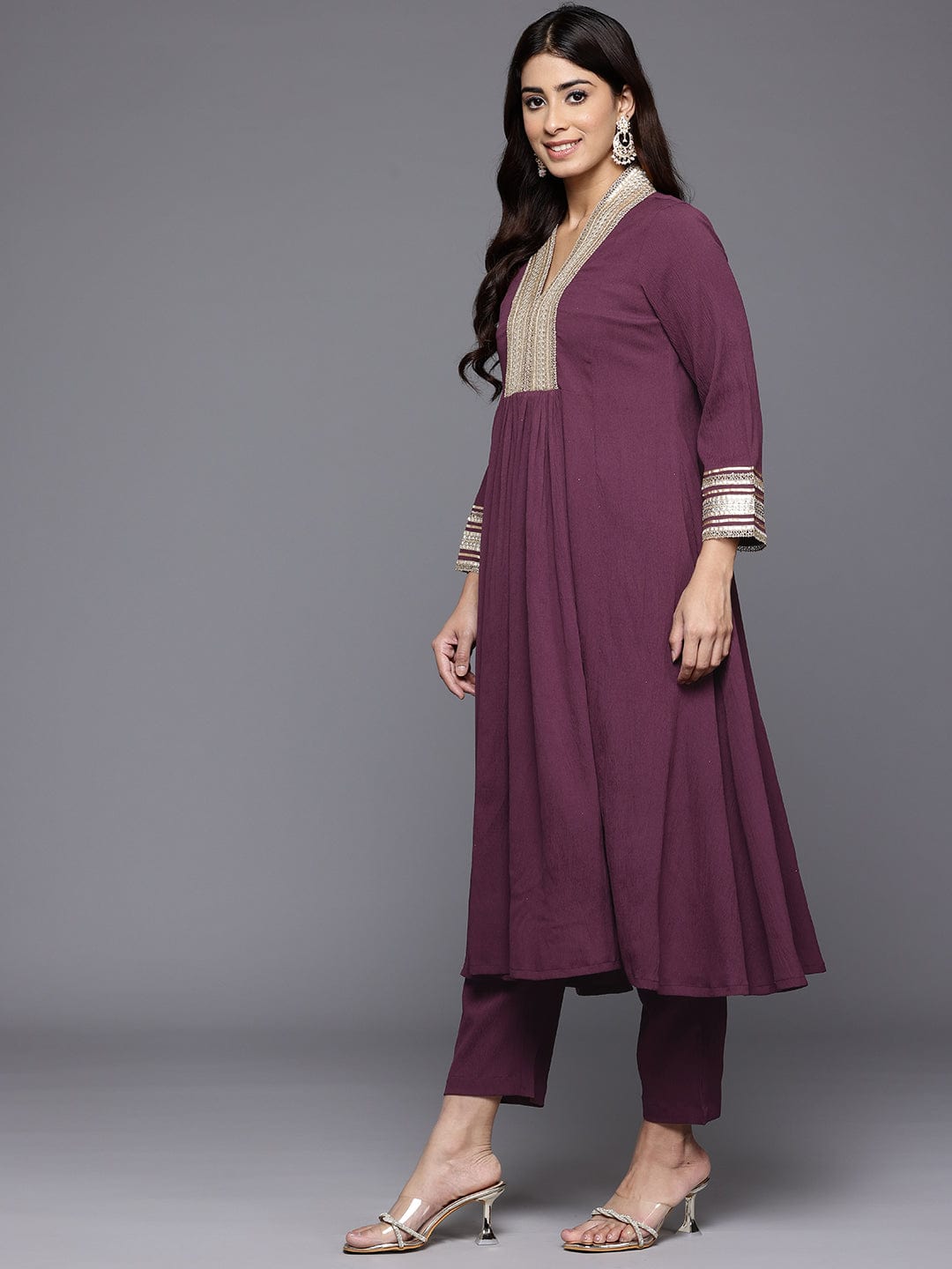 The Kurti Collection Women Purple Zari Lace Embellished Yoke A-Line Kurta Set