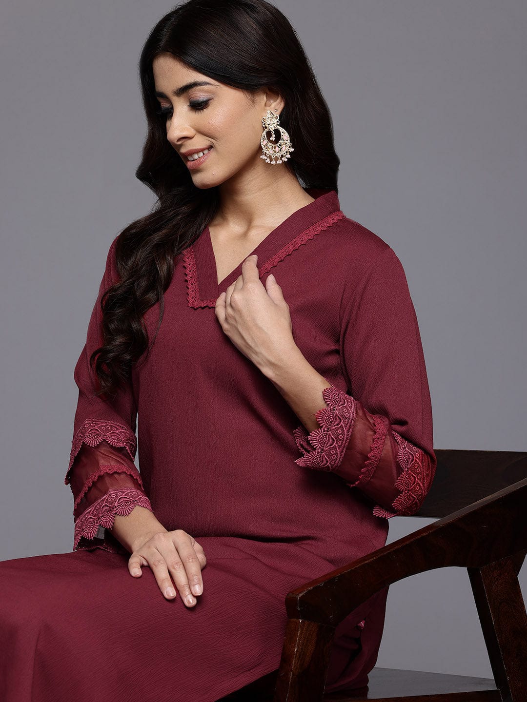 The Kurti Collection Women Maroon V Neck, Three Quater Sleeves With Tonal Cotton Lace Straight Kurta Paired With Tonal Bottom