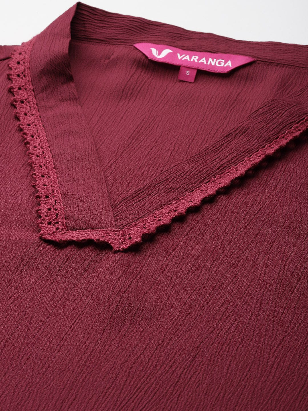 The Kurti Collection Women Maroon V Neck, Three Quater Sleeves With Tonal Cotton Lace Straight Kurta Paired With Tonal Bottom