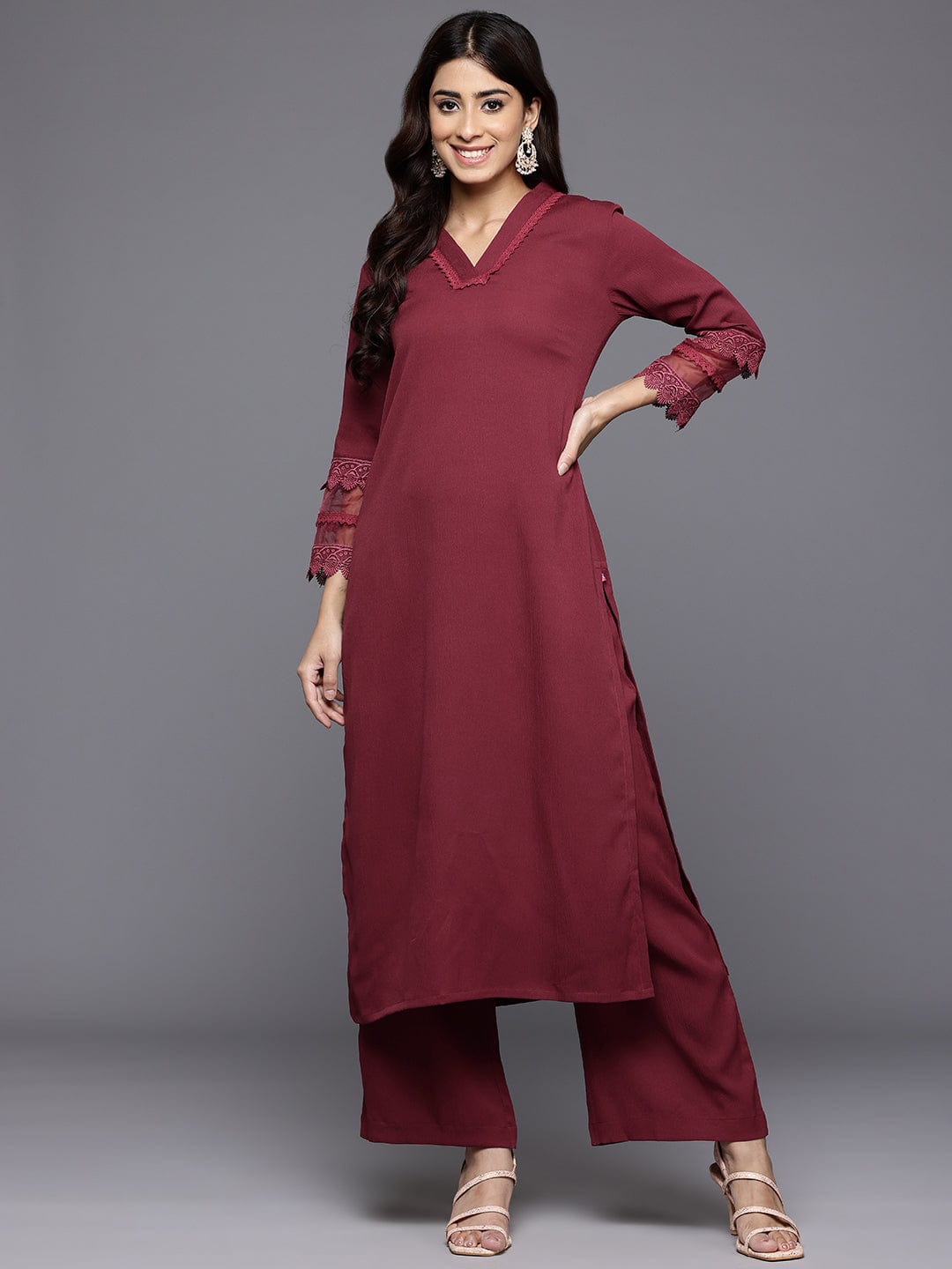The Kurti Collection Women Maroon V Neck, Three Quater Sleeves With Tonal Cotton Lace Straight Kurta Paired With Tonal Bottom