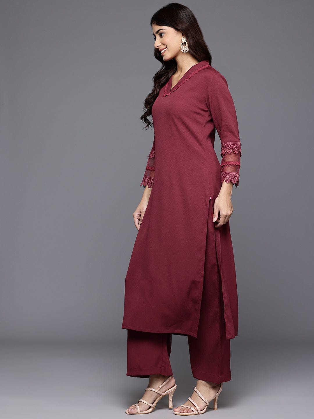 The Kurti Collection Women Maroon V Neck, Three Quater Sleeves With Tonal Cotton Lace Straight Kurta Paired With Tonal Bottom
