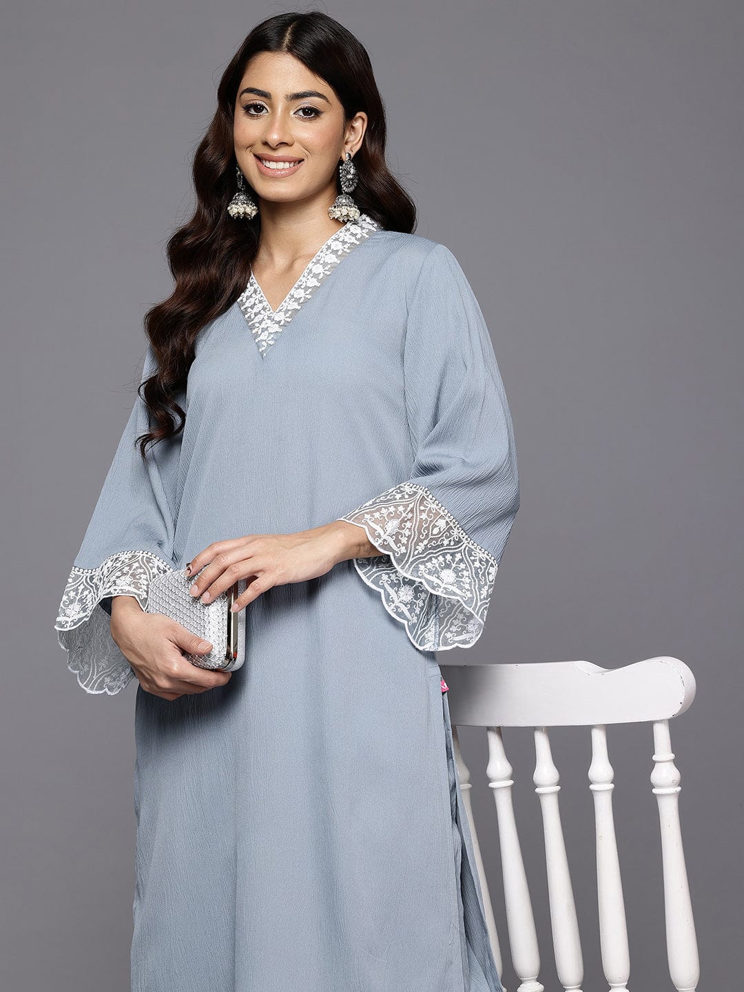 The Kurti Collection Women Thread Embroidered Organza Detailed Kurta Set
