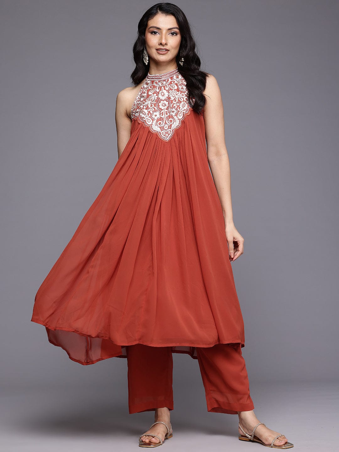 The Kurti Collection Women Halter Neck Zari and Sequence Embroidered Sleeveless Flared Kurta Paired with Tonal Bottom