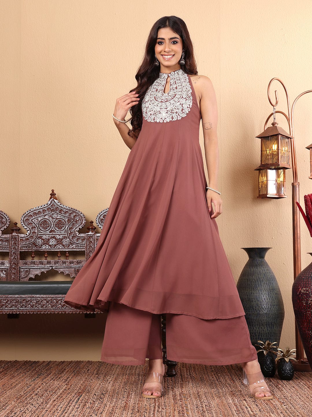 The Kurti Collection Women Nude Yoke Embroidered Sleeveless Flared Kurta with Trousers