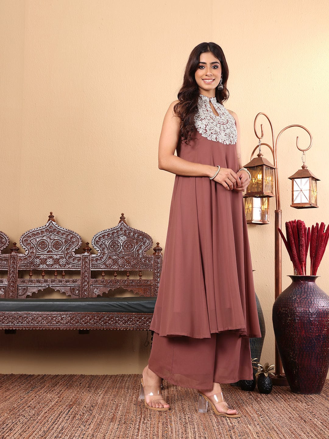 The Kurti Collection Women Nude Yoke Embroidered Sleeveless Flared Kurta with Trousers