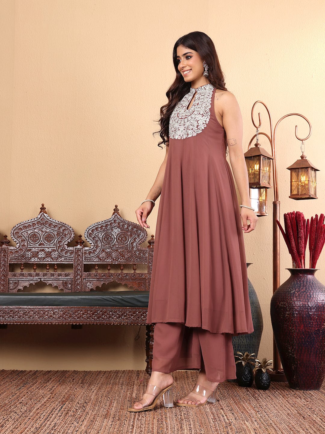 The Kurti Collection Women Nude Yoke Embroidered Sleeveless Flared Kurta with Trousers