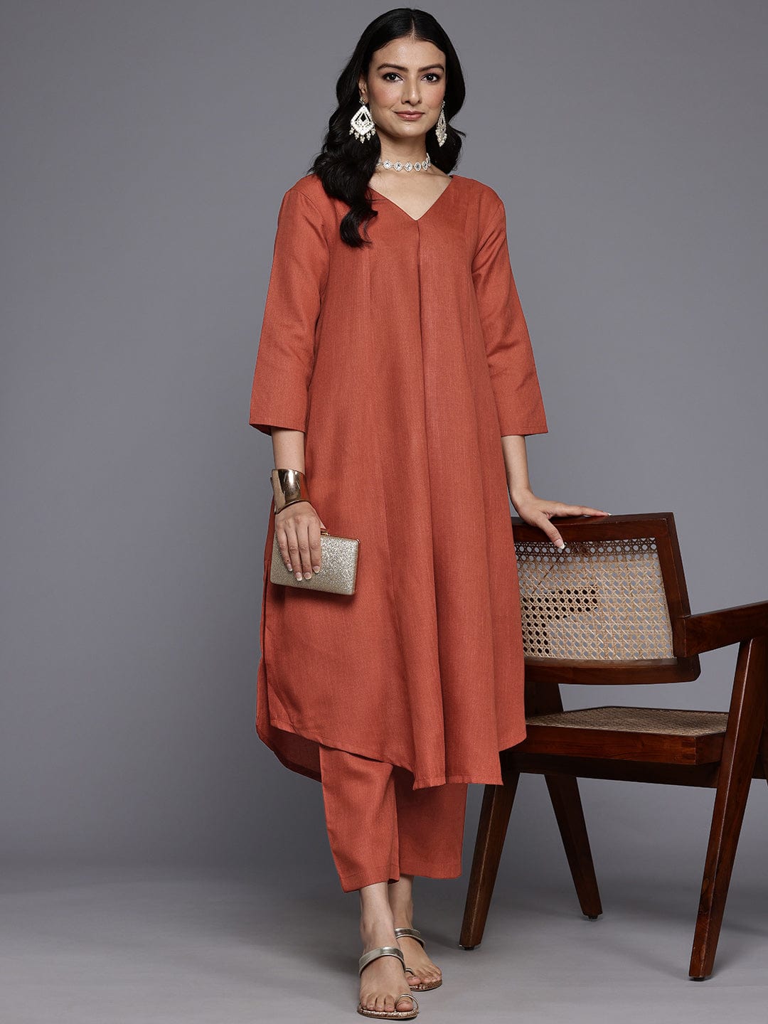 The Kurti Collection Women Orange Solid A-Line Kurta Paired With Tonal Bottom
