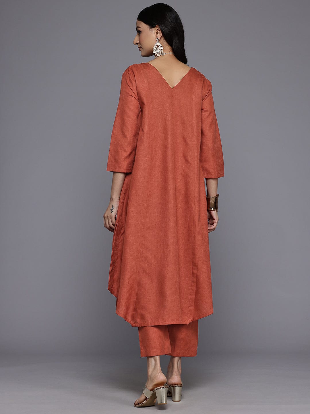 The Kurti Collection Women Orange Solid A-Line Kurta Paired With Tonal Bottom