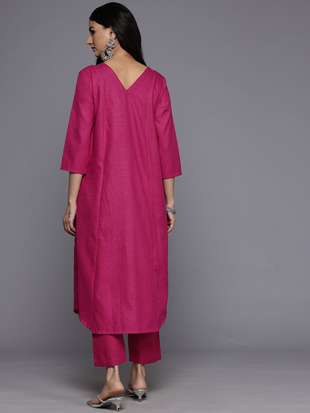 The Kurti Collection Women Magenta Solid A-Line Kurta Paired With Tonal Bottom