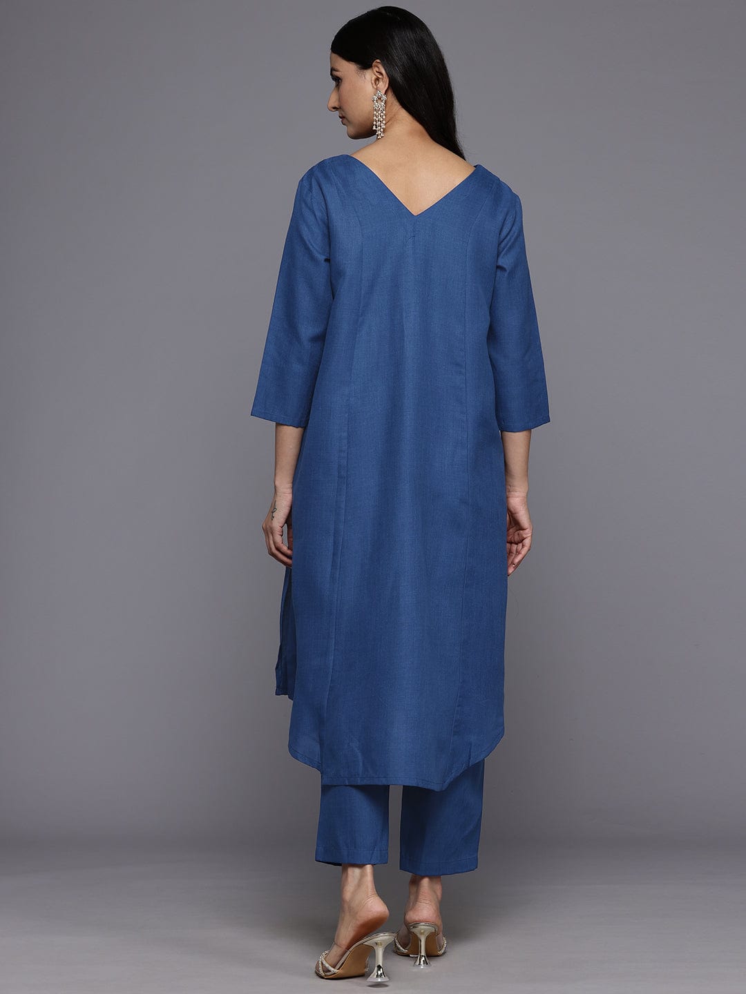The Kurti Collection Women Blue Solid A-Line Kurta Paired With Tonal Bottom