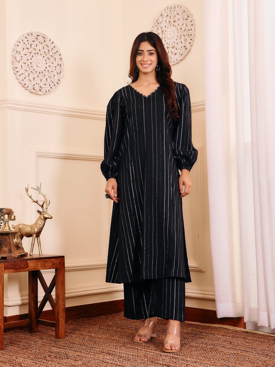 The Kurti Collection Women Black Lurex A- Line Kurta With Trousers
