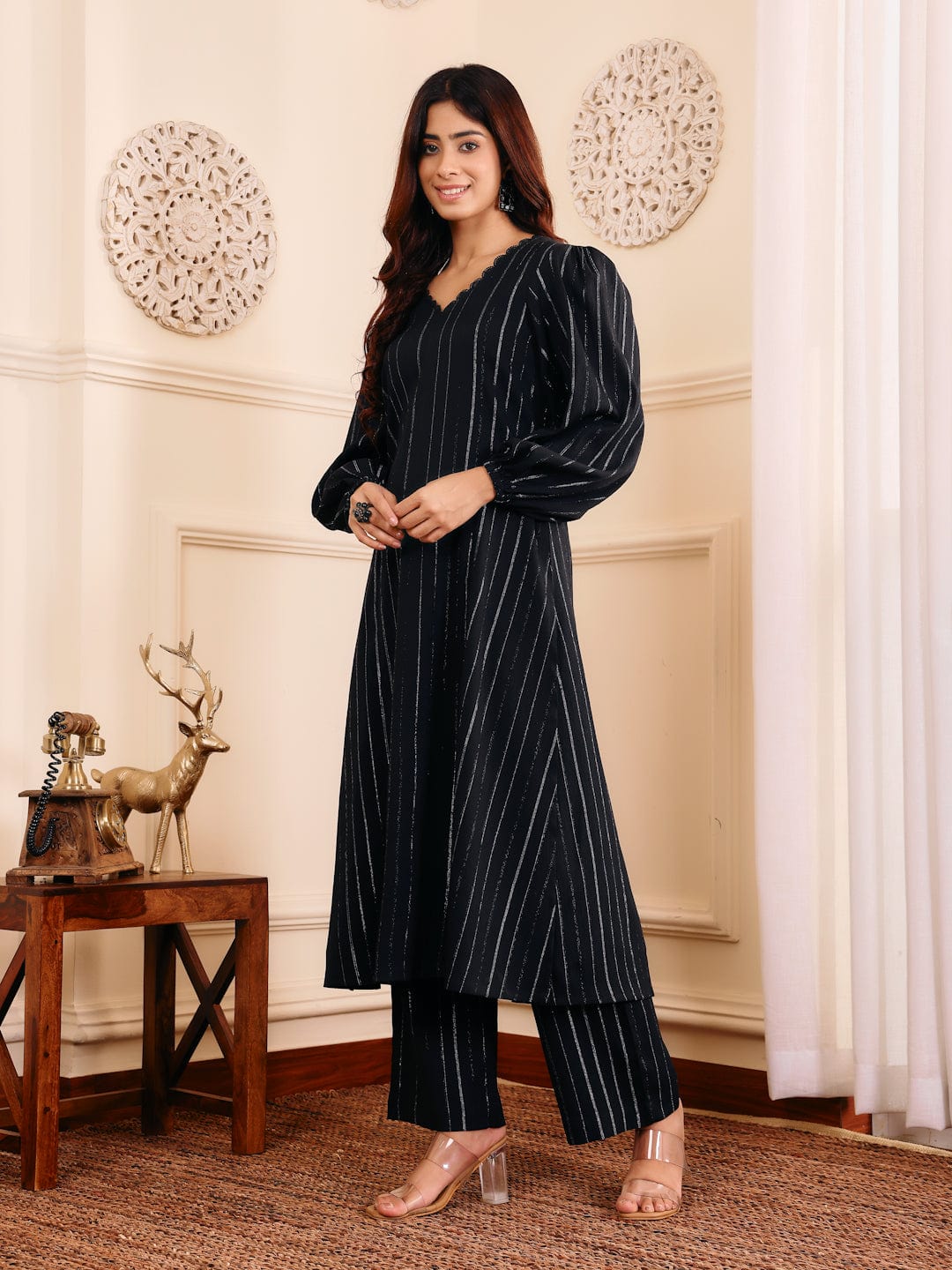 The Kurti Collection Women Black Lurex A- Line Kurta With Trousers