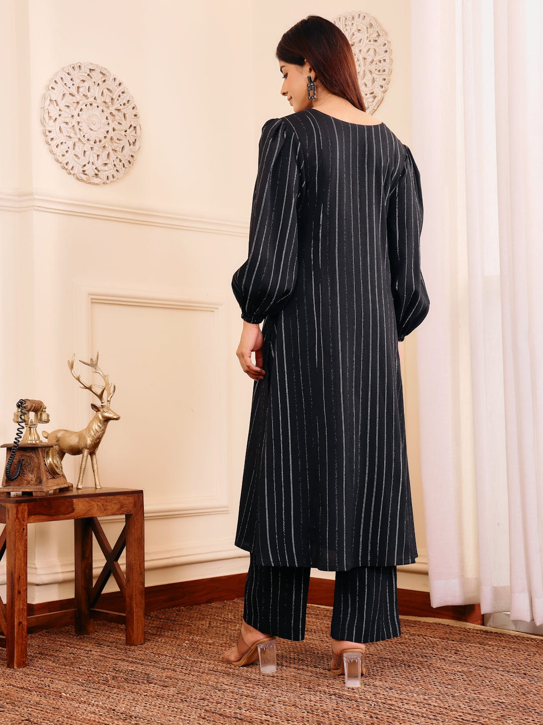 The Kurti Collection Women Black Lurex A- Line Kurta With Trousers