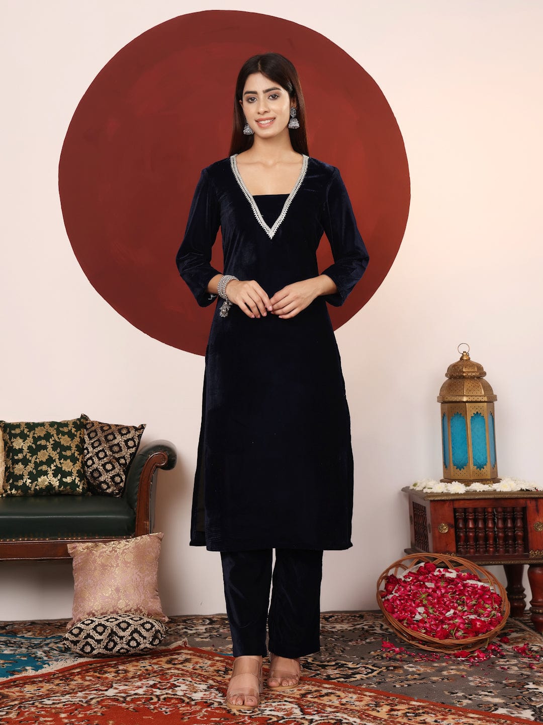 The Kurti Collection Women V Neck Lace Detailed Velvet Kurta With Tonal Bottom