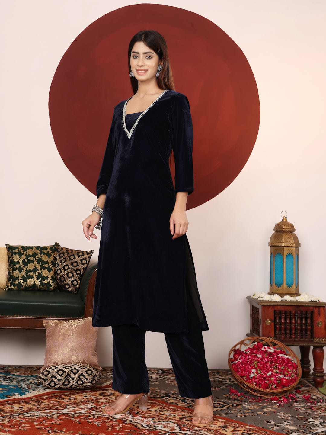 The Kurti Collection Women V Neck Lace Detailed Velvet Kurta With Tonal Bottom