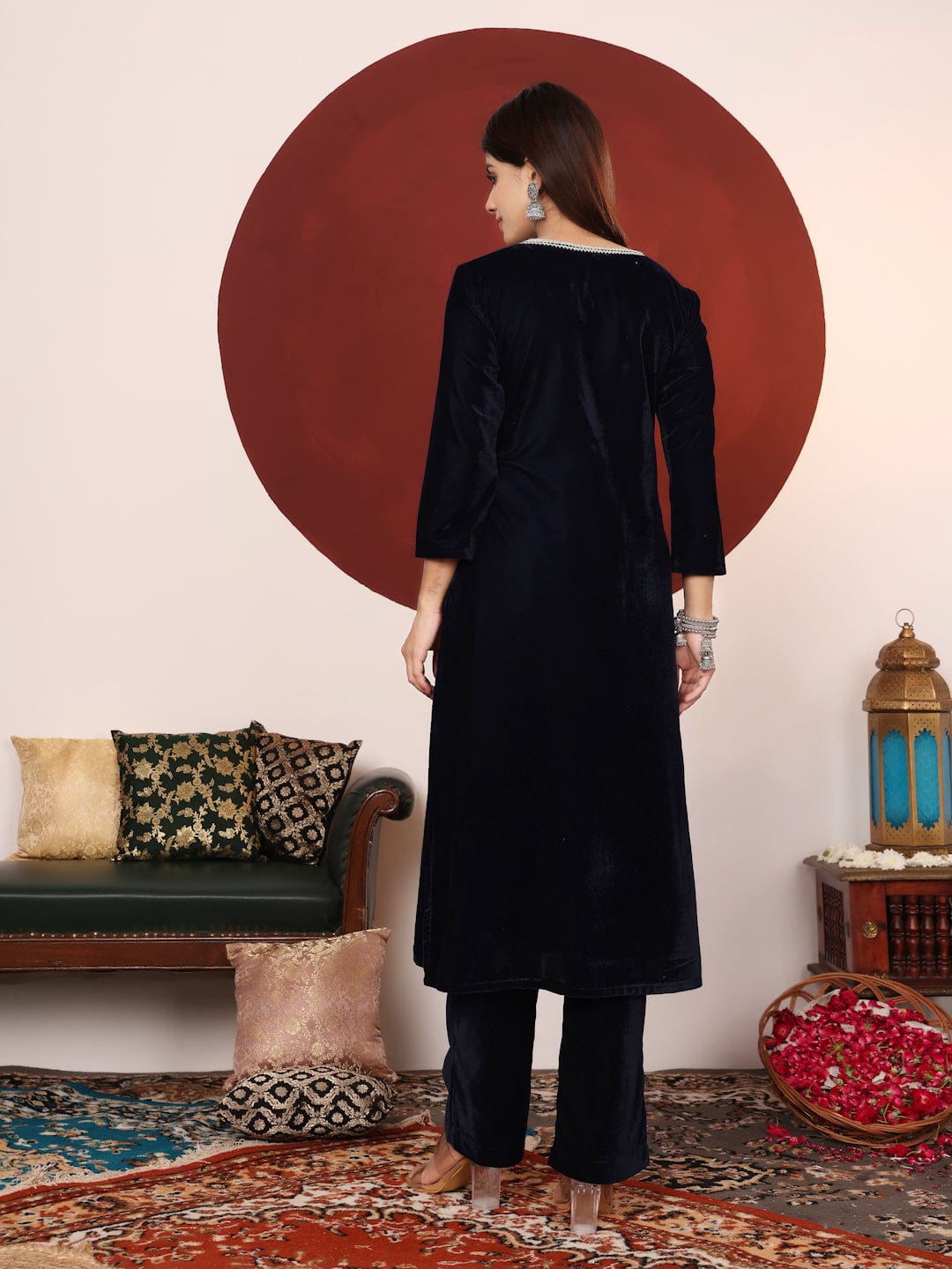The Kurti Collection Women V Neck Lace Detailed Velvet Kurta With Tonal Bottom