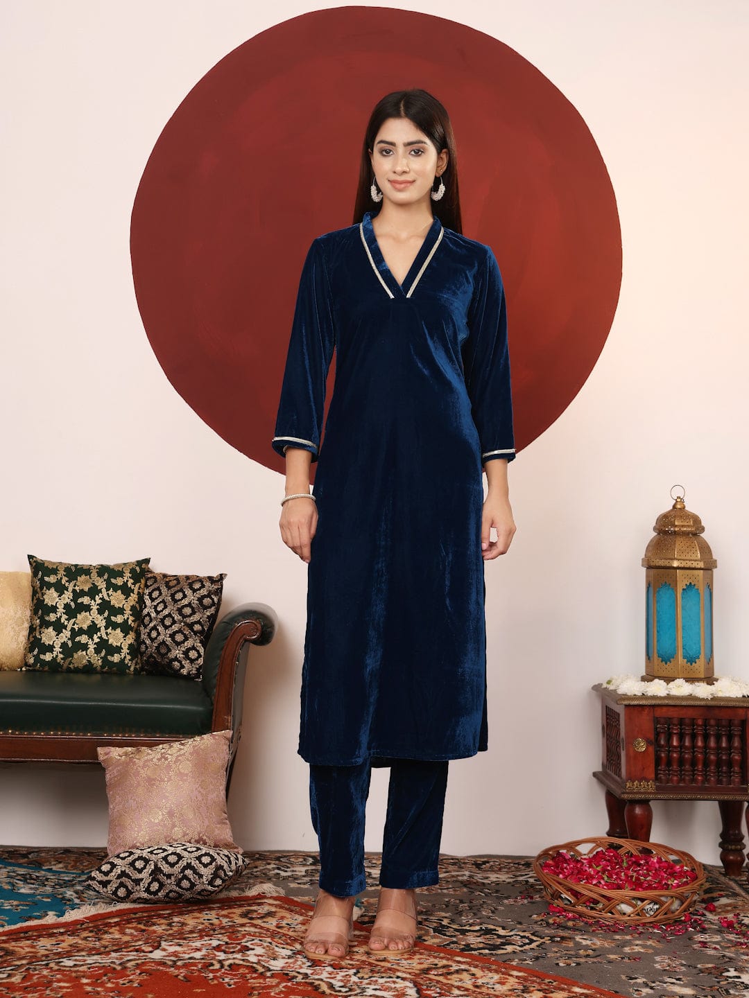 The Kurti Collection Women Blue Lace Detailed Velvet Straight Kurta With Trouser .