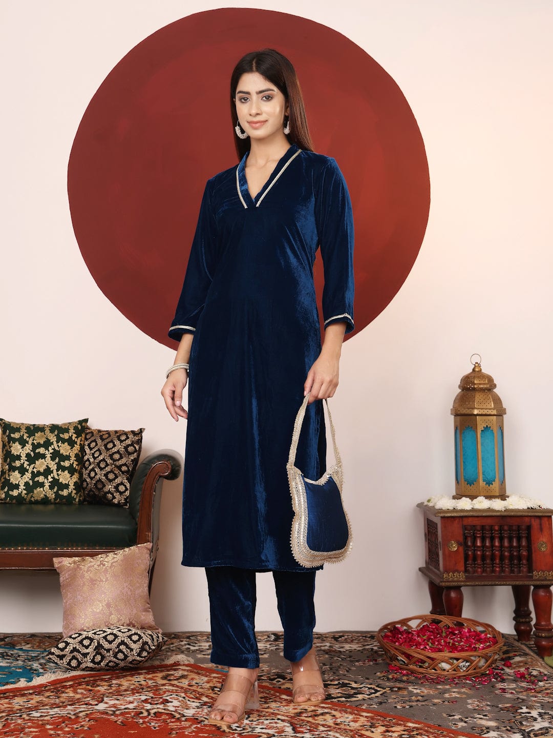 The Kurti Collection Women Blue Lace Detailed Velvet Straight Kurta With Trouser .