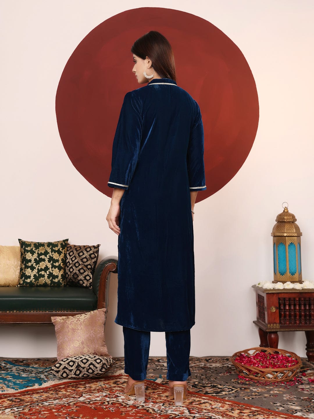 The Kurti Collection Women Blue Lace Detailed Velvet Straight Kurta With Trouser .