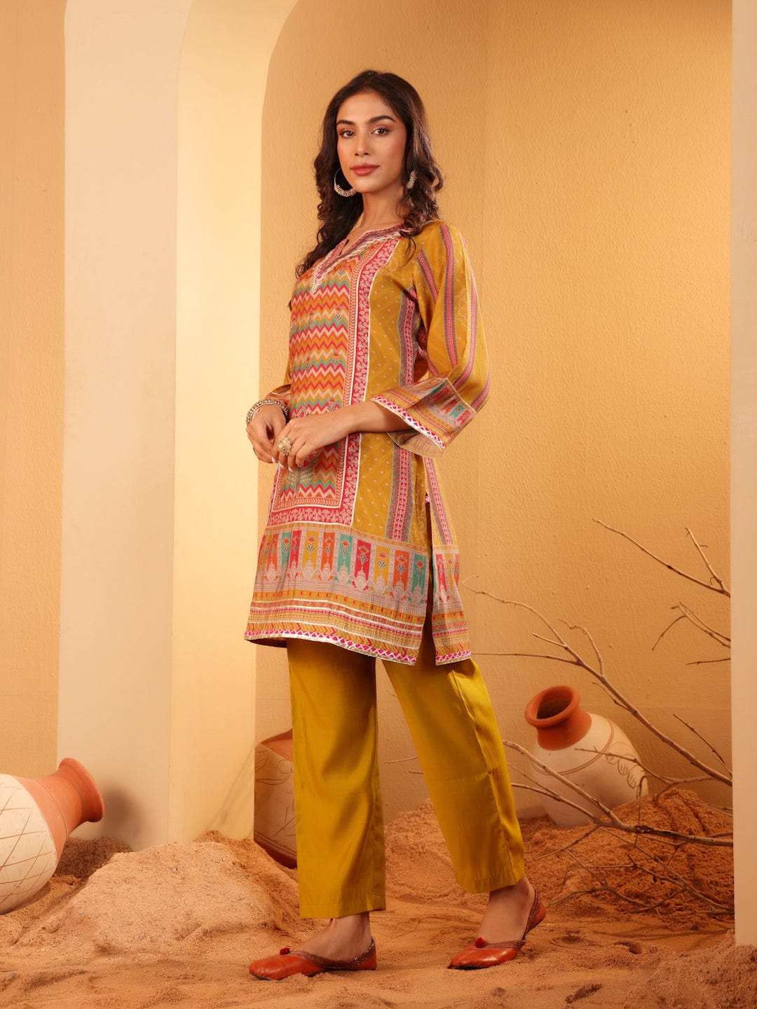 The Kurti Collection Women Mustard Ethnic Printed Straight Kurta With Trousers