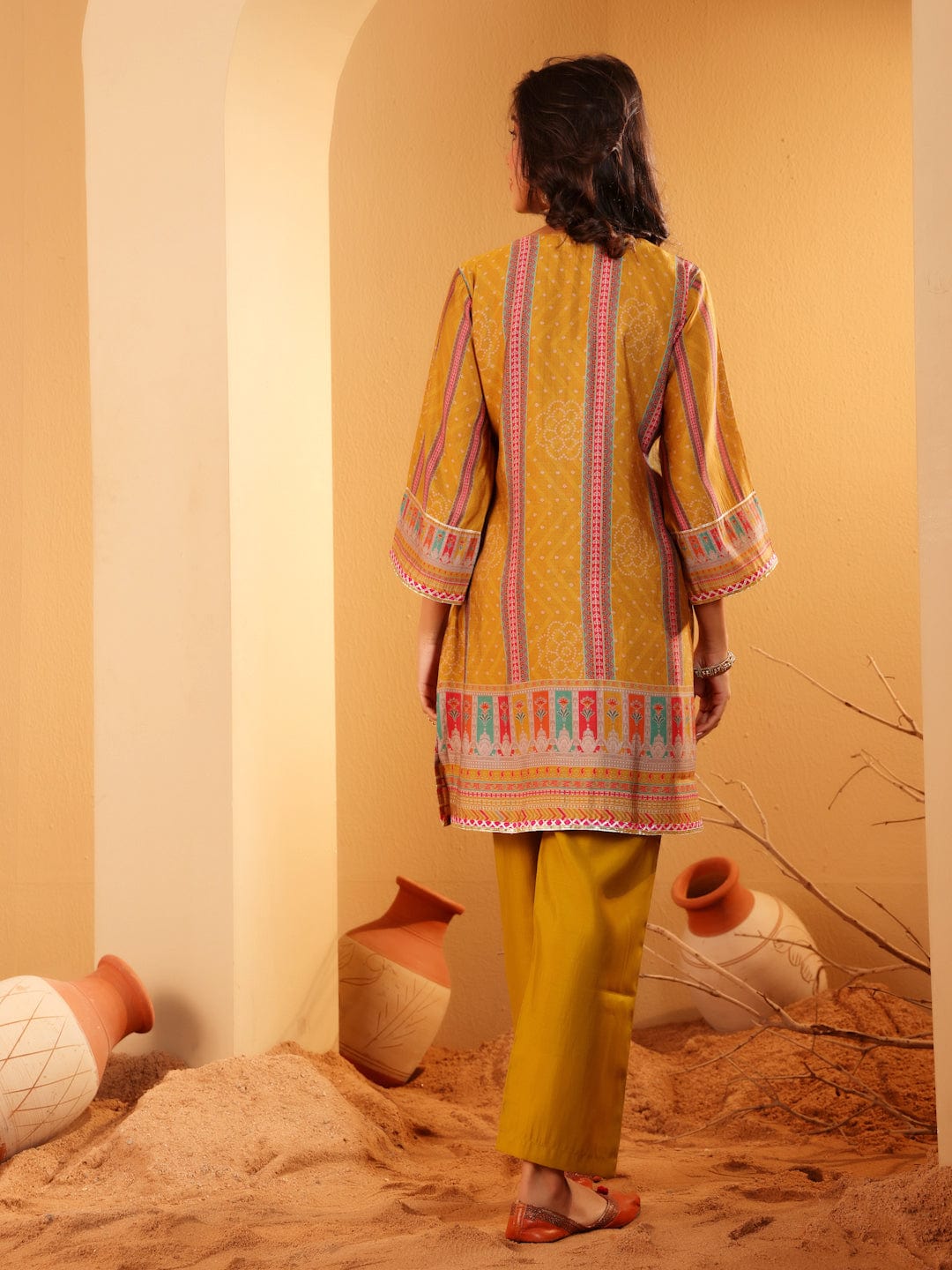 The Kurti Collection Women Mustard Ethnic Printed Straight Kurta With Trousers