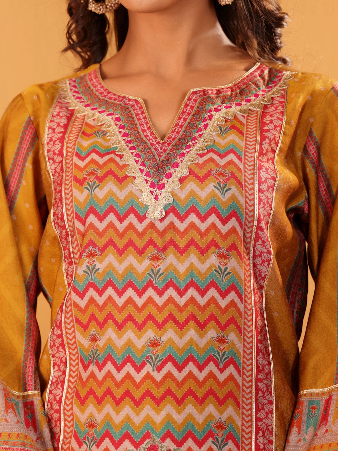 The Kurti Collection Women Mustard Ethnic Printed Straight Kurta With Trousers