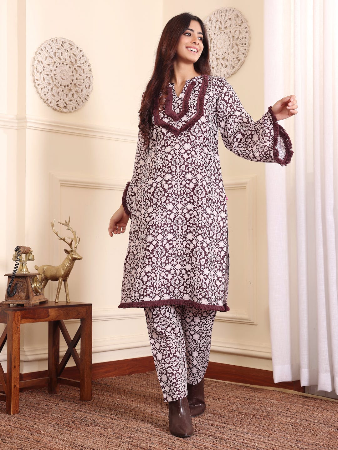 The Kurti Collection Women Coffee Brown Printed Winter Straight Kurta With Printed Bottom.