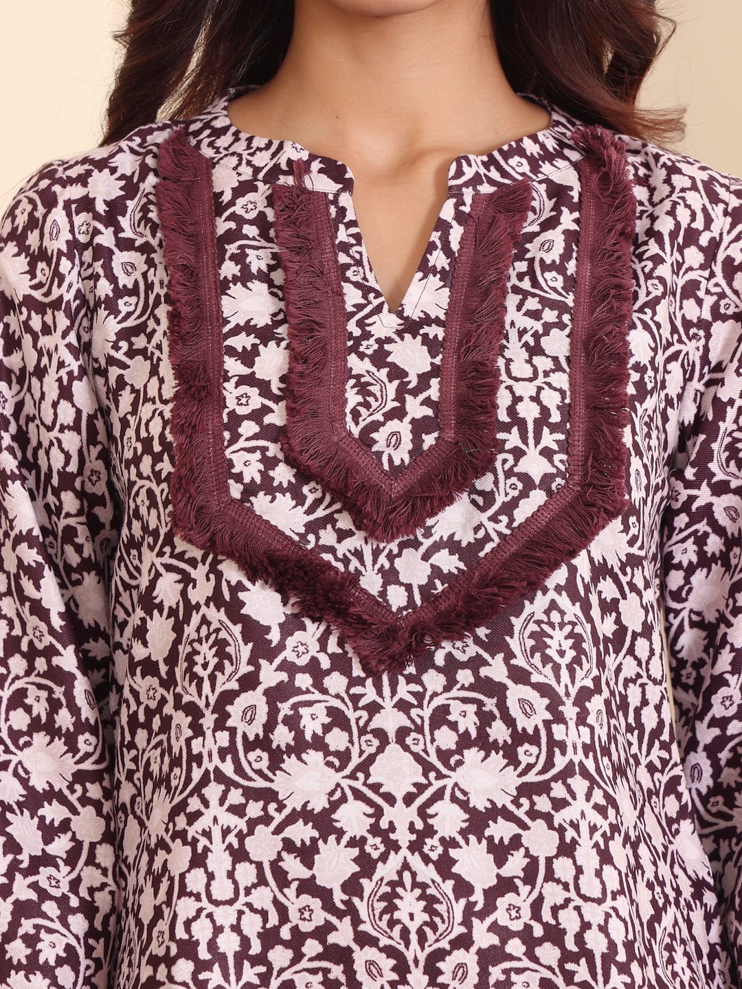 The Kurti Collection Women Coffee Brown Printed Winter Straight Kurta With Printed Bottom.