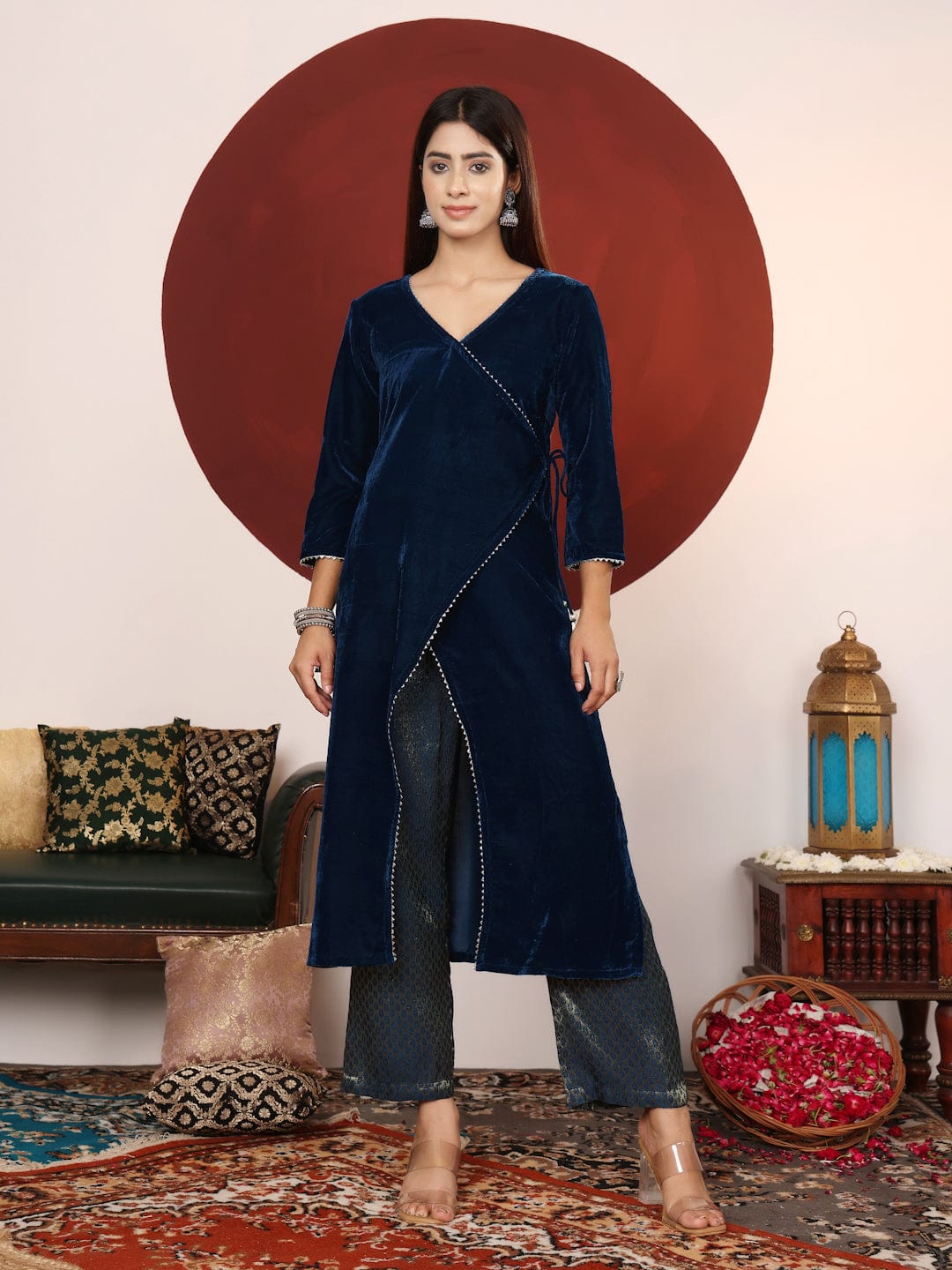 The Kurti Collection Women Asymetric Velvet Kurta Paired With Brocade Bottom