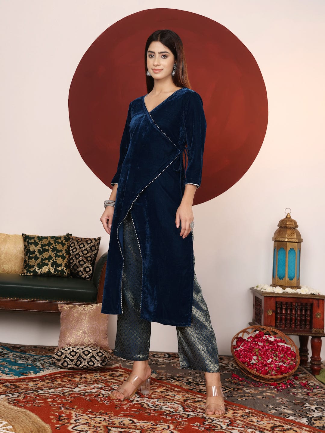 The Kurti Collection Women Asymetric Velvet Kurta Paired With Brocade Bottom